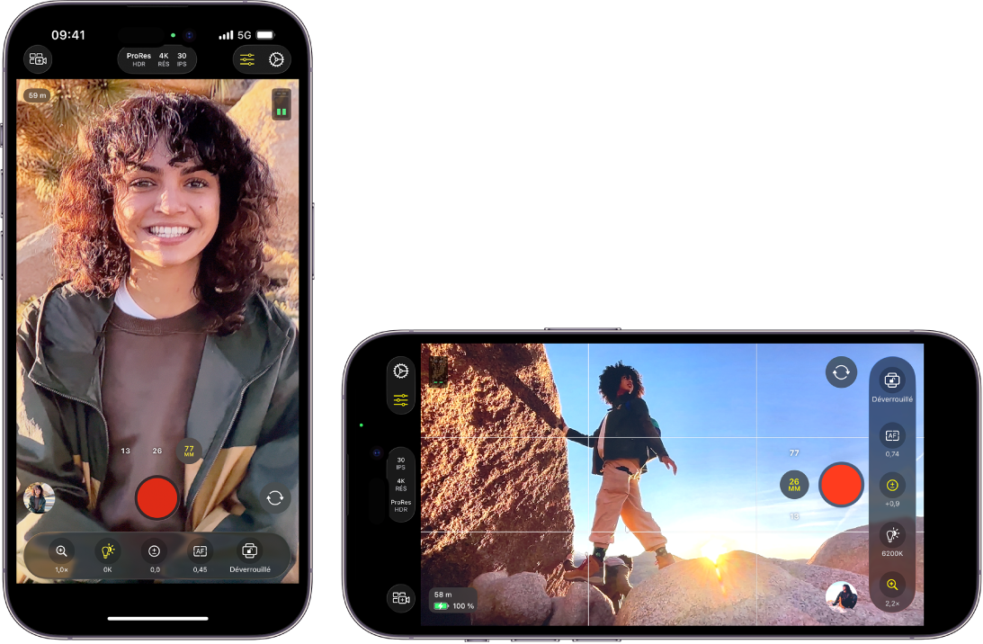 L’écran Final Cut Camera montrant les réglages de caméra et un bouton Enregistrer.
