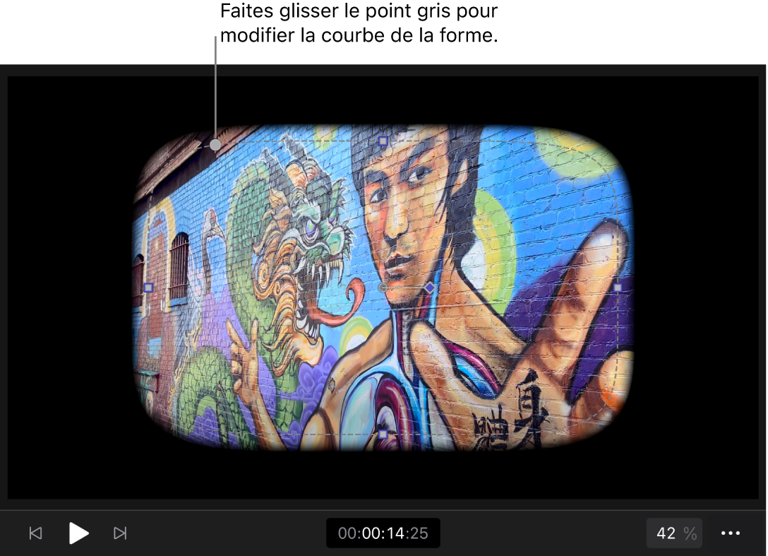 Le visualiseur montrant un masque de forme rectangulaire arrondi appliqué à un plan, avec des commandes à l’écran pour modifier la taille et la forme du masque.