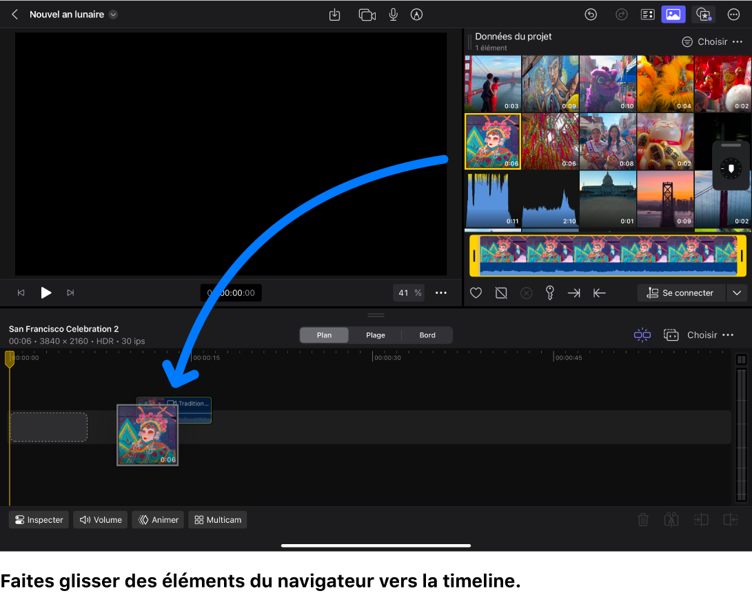 Espace de travail principal dans Final Cut Pro pour iPad, avec une vignette de plan en cours de glissement depuis le navigateur vers la timeline.
