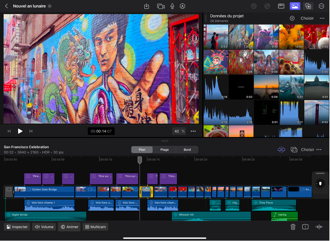 L’écran Édition de Final Cut Pro en orientation paysage.