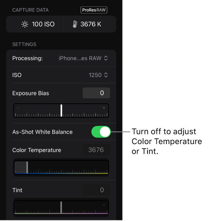 iPhoneで撮影されたProRes RAWビデオのカメラ設定(ISO、露出バイアス、撮影時のホワイトバランス、色温度、色合いなど)が表示されているインスペクタ。
