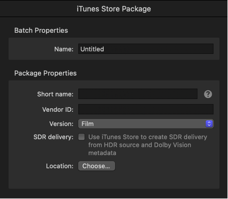 Das Informationsfenster „iTunes Store-Paket“ in Compressor.