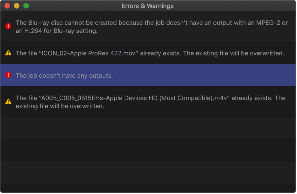 Das Fenster „Fehler & Hinweise“ von Compressor zeigt zwei Fehler und zwei Warnungen an.