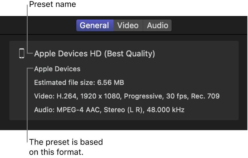 The inspector pane in Compressor showing a preset summary.