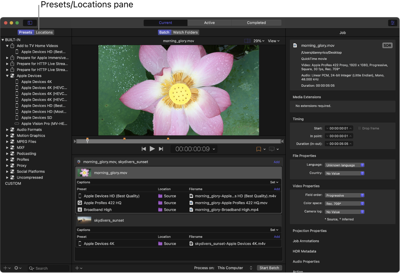 The Compressor window showing the Presets/Locations pane.