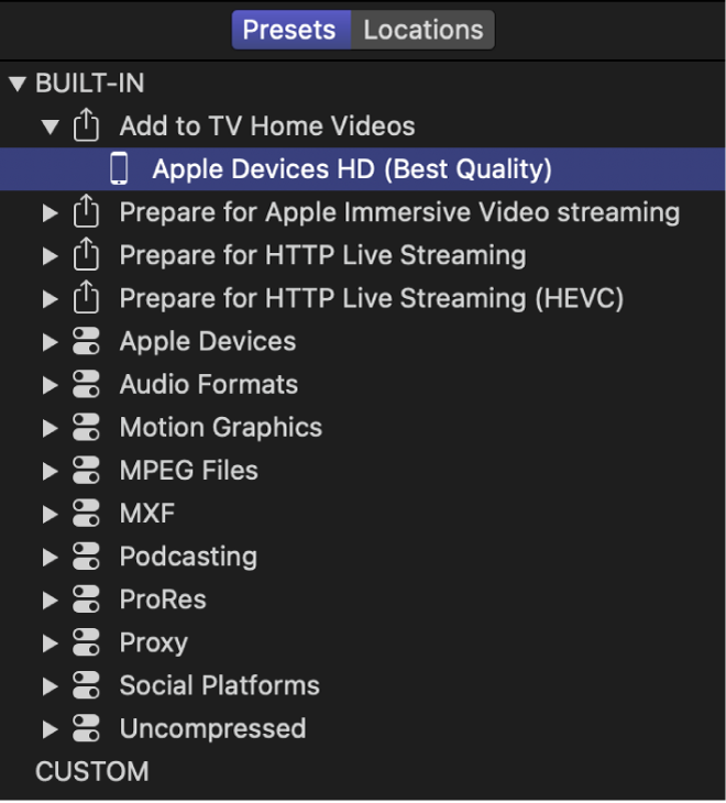 A built-in preset selected in the Presets pane of Compressor.