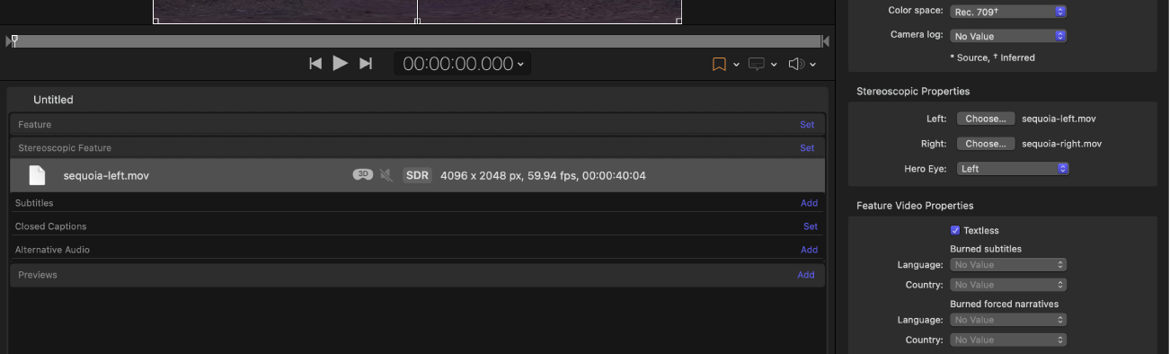 The Job inspector of Compressor showing the Stereoscopic Properties section for an iTunes Store package.