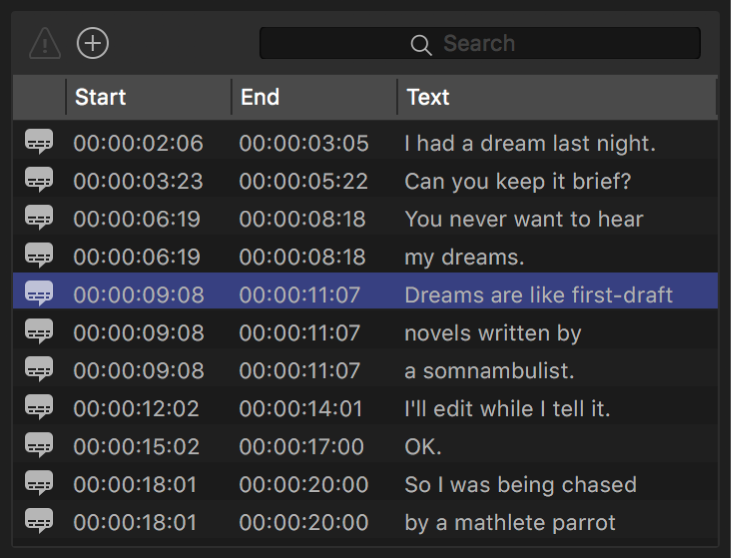 The Captions inspector of Compressor showing a list of captions.