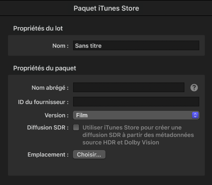 Inspecteur de paquet iTunes Store dans Compressor.