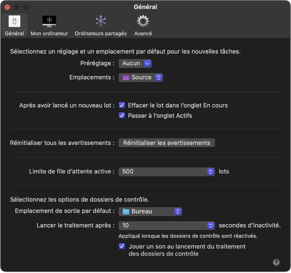 Fenêtre des réglages généraux dans Compressor.