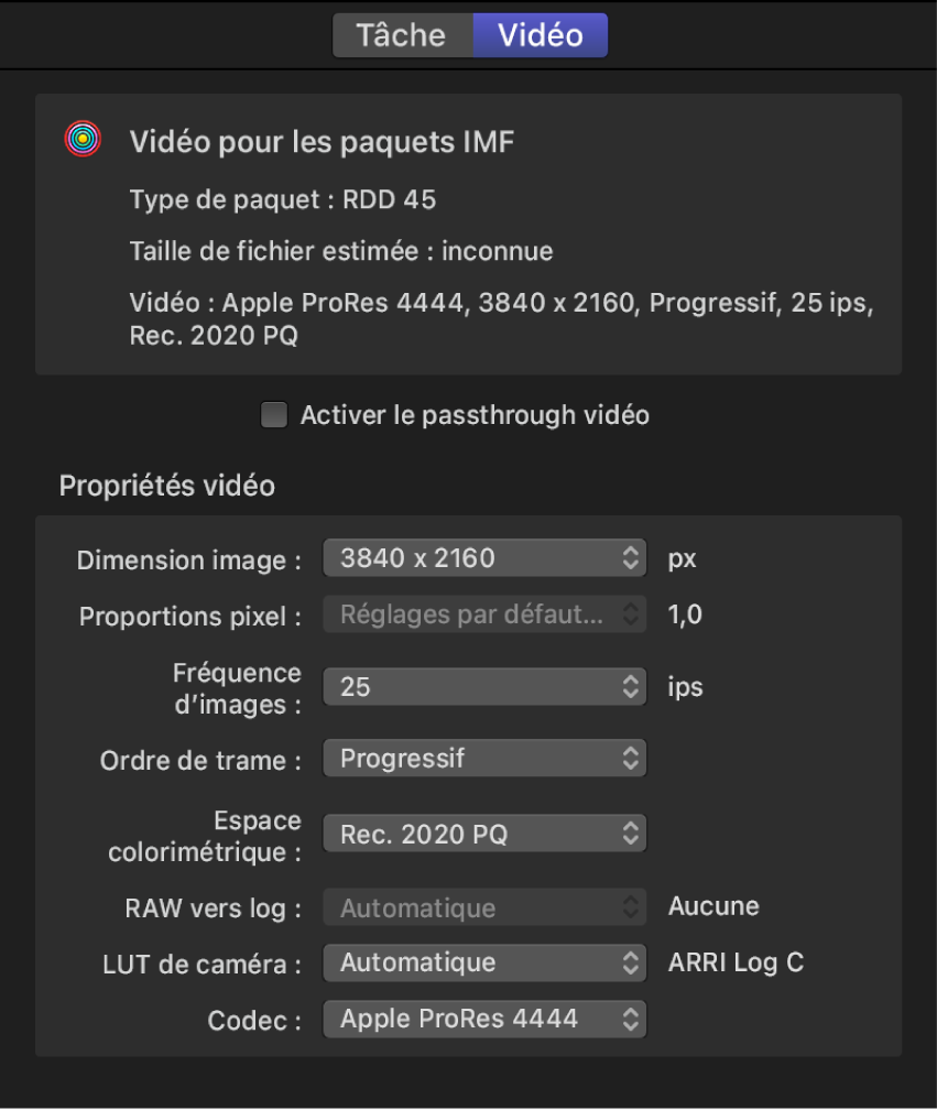 Inspecteur de tâche de Compressor affichant les propriétés vidéo d’un paquet IMF.