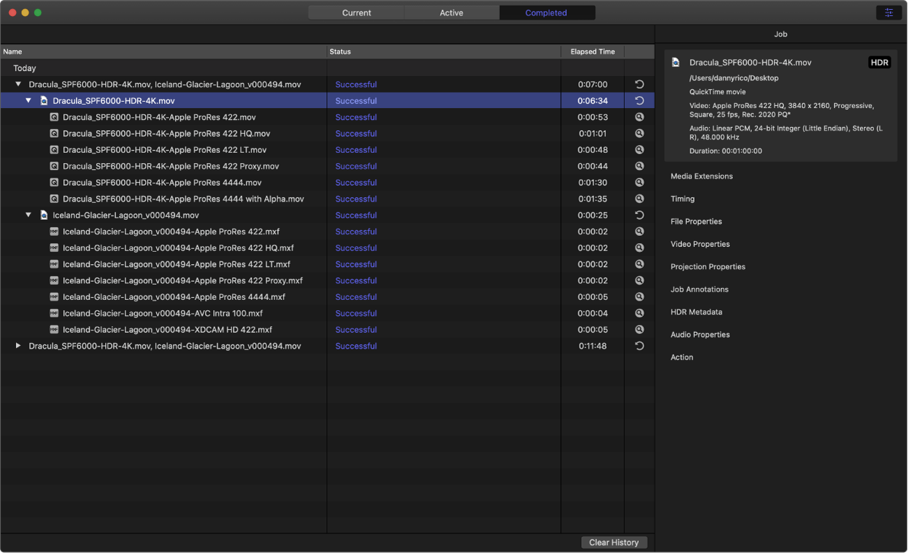 「完了」ビューが表示されているCompressorウインドウ。