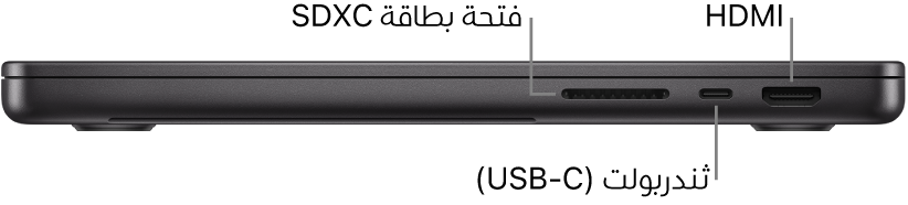 عرض للجانب الأيمن من MacBook Pro مقاس 14 بوصة مع وسائل شرح لفتحة بطاقة SDXC ومنفذ ثندربولت (USB-C) ومنفذ HDMI.