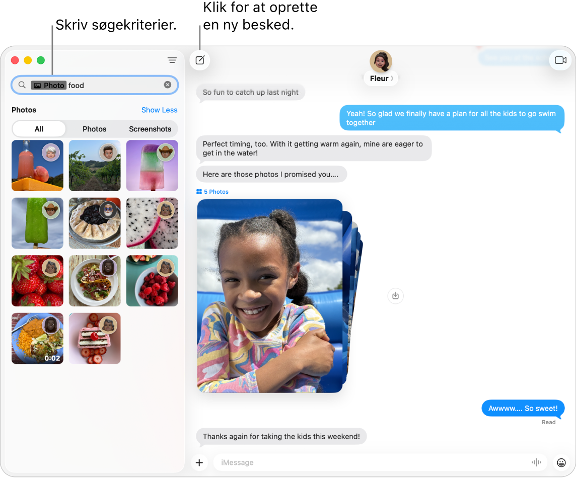 Et vindue i Beskeder, der viser søgeresultater til venstre og en samtale til højre.