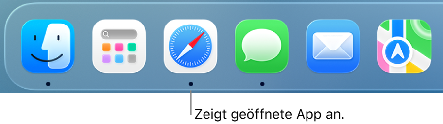 Ein Ausschnitt des Docks, in dem schwarze Punkte unter geöffneten Apps angezeigt werden.