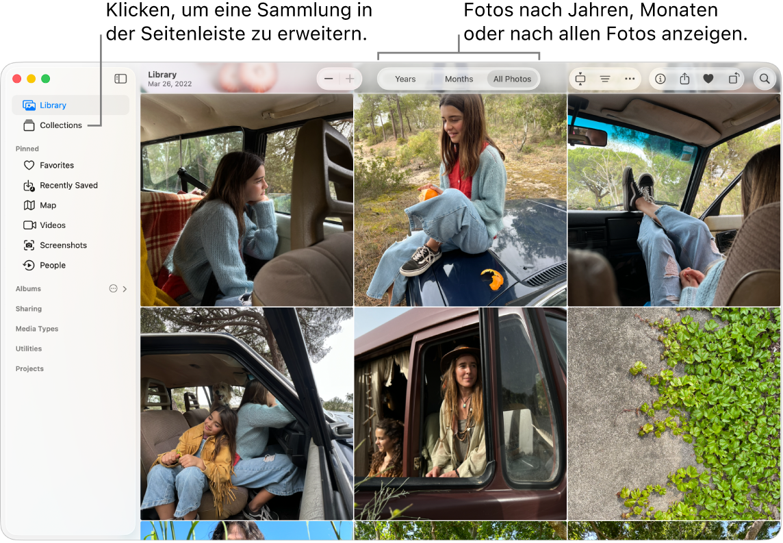 Das Fenster „Fotos“ zeigt die Mediathek an, in der die Fotos sortiert nach Jahren, Monaten oder allen Fotos angezeigt werden können. Du kannst auch aus verschiedenen Sammlungen in der Seitenleiste wählen.