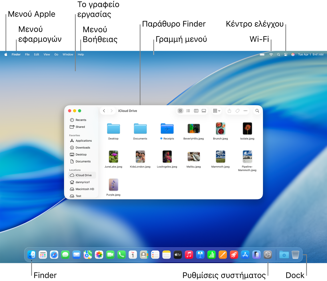 Η οθόνη του Mac όπου φαίνονται το μενού Apple, το μενού εφαρμογής, το γραφείο εργασίας, το μενού «Βοήθεια», ένα παράθυρο Finder, η γραμμή μενού, το εικονίδιο Wi-Fi, το εικονίδιο Κέντρου ελέγχου, το εικονίδιο Finder, το εικονίδιο των Ρυθμίσεων συστήματος και το Dock.