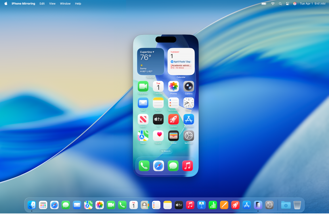 A Mac desktop with iPhone Mirroring.