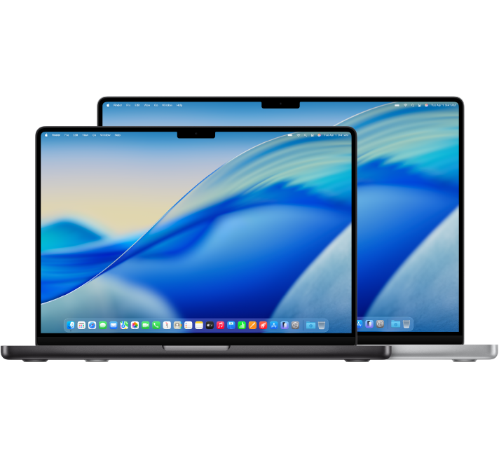 Un ordenador MacBook Pro de 14 pulgadas delante de un MacBook Pro de 16 pulgadas.