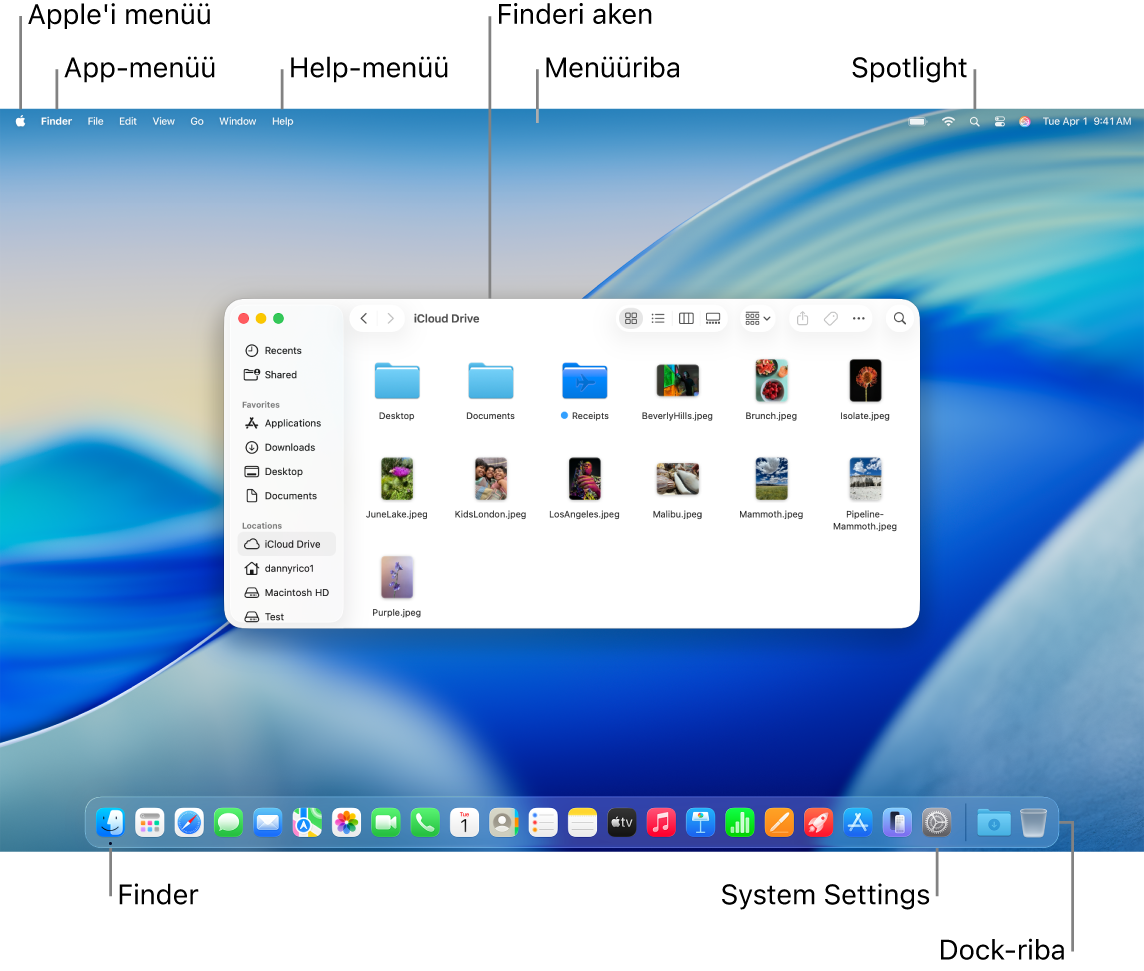 Maci ekraanil kuvatakse Apple-menüüd, App-menüüd, Help-menüüd, Finderi akent, menüüriba, Spotlighti ikooni, Finderi ikooni, System Settingsi ikooni ja Dock-riba.