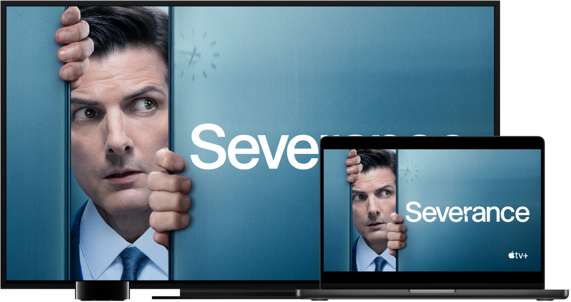 MacBook Pro, jonka sisältö on peilattu suureen korkeatarkkuuksiseen televisioon Apple TV:n avulla.