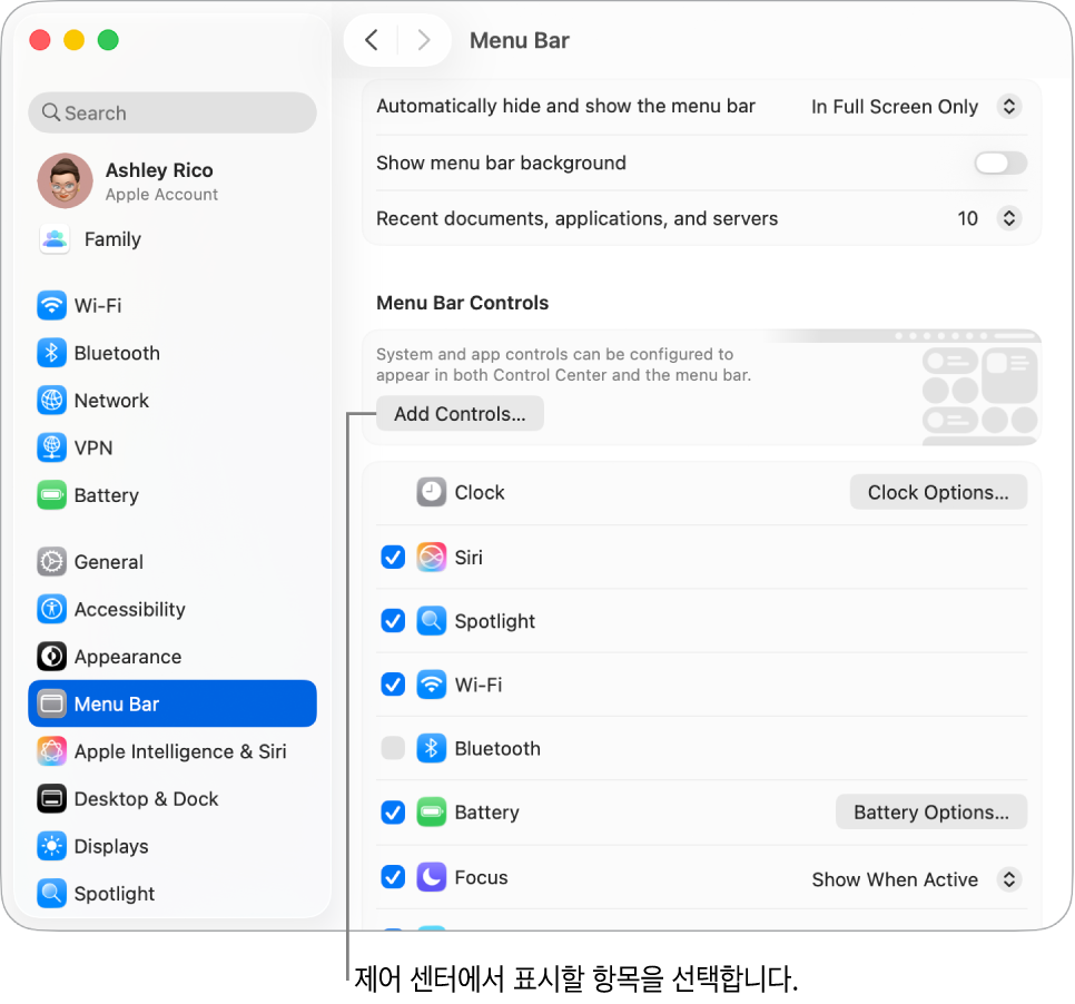 메뉴 막대 설정 윈도우.
