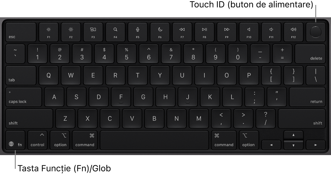 Tastatura MacBook Pro afișând rândul de taste funcționale și butonul de alimentare Touch ID în partea de sus și tasta Funcție (Fn)/Glob în colțul din stânga jos.