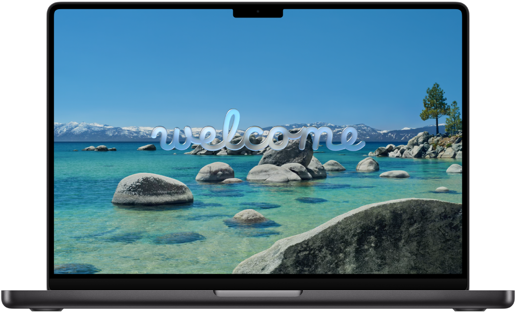 Un MacBook Pro deschis, cu mesajul „Bun venit” pe ecran.