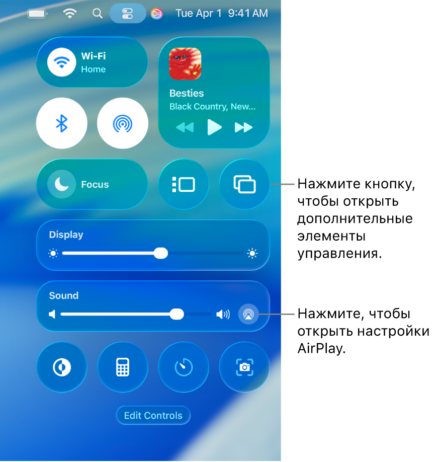 Увеличенное изображение Пункта управления на Mac. Выноска указывает на кнопку «Дисплей».