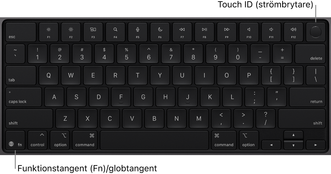 MacBook Pro-tangentbordet med raden med funktionstangenter och Touch ID/strömbrytaren längs överkanten och funktionstangenten (fn)/globtangenten i det nedre vänstra hörnet.