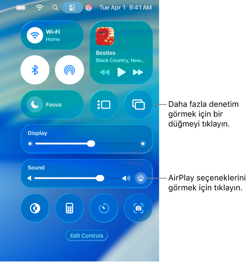 Mac’inizdeki Denetim Merkezi’nin Ekran düğmesine bir belirtme çizgisiyle büyütülmüş görüntüsü.