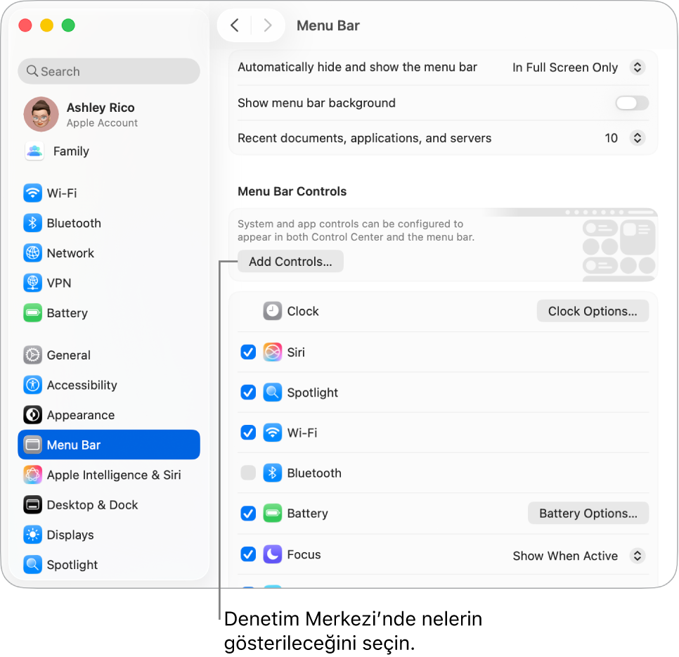 Menü Çubuğu ayarları penceresi.