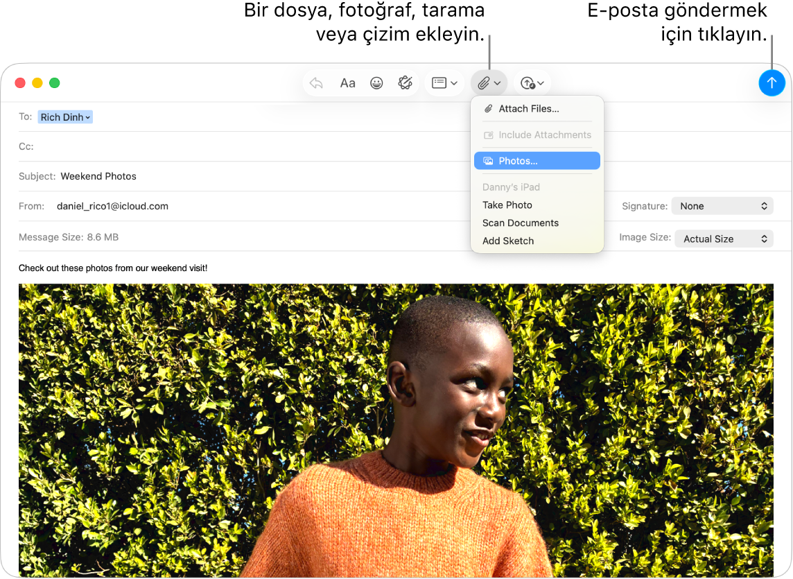 Yeni iletinin taslak hâline getirildiğini gösteren Mail penceresi. Açılır menü yakındaki bir aygıttan fotoğraf ekleme, fotoğraf çekme, belge tarama ya da çizim ekleme seçeneklerini gösteriyor.