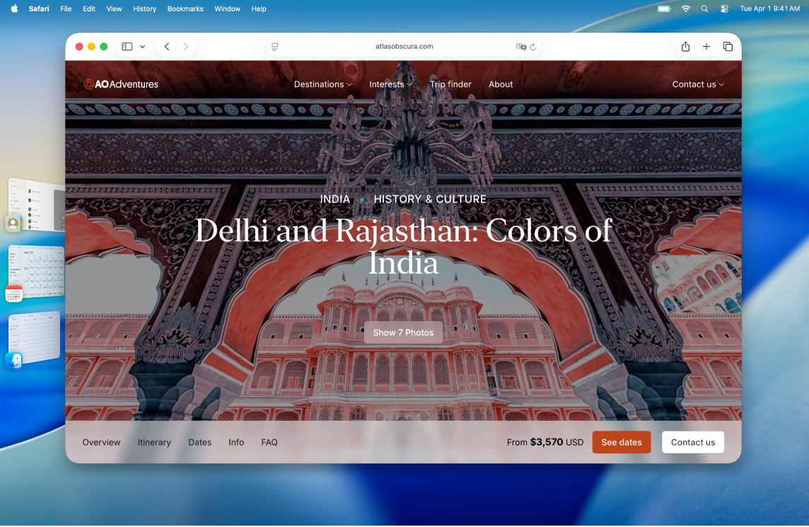 使用「幕前調度」的畫面顯示 Safari 在中央,沿著左手邊為打開的 App。
