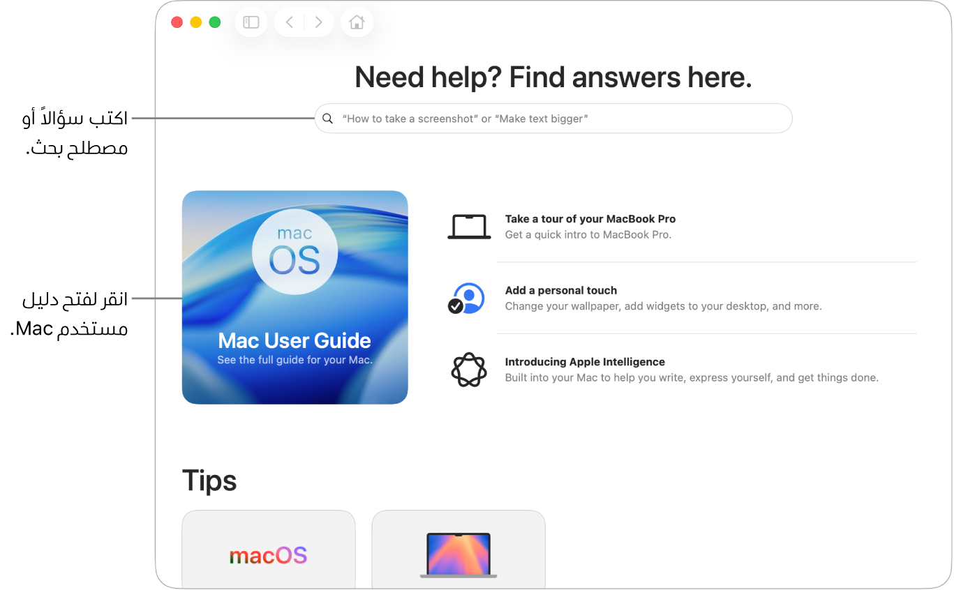 الصفحة الرئيسية لتطبيق التلميحات ويظهر بها دليل مستخدم Mac وحقل البحث والموضوعات المقترحة.