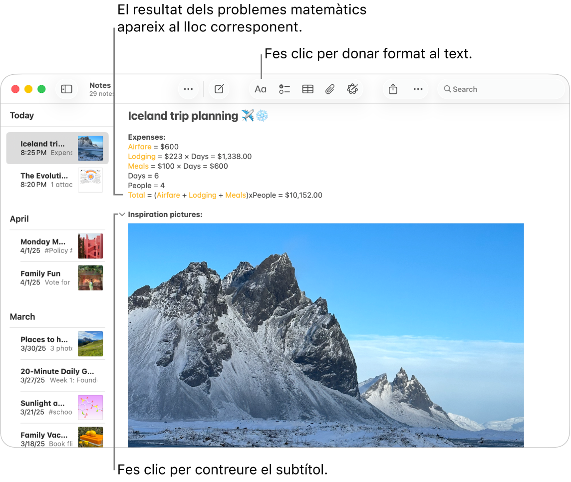 Una finestra de l’app Notes que mostra càlculs per a un viatge i una foto del lloc de destí.
