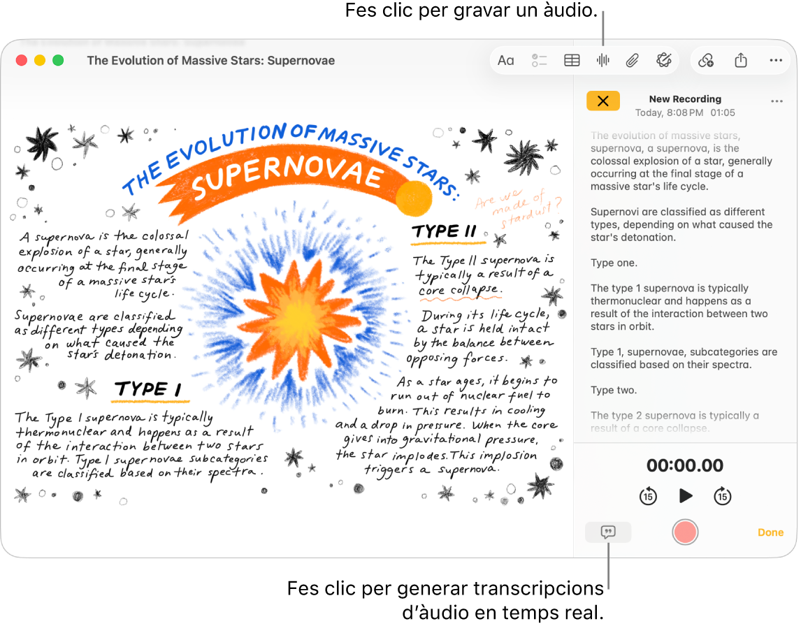 Una finestra de l’app Notes que mostra una nota amb una gravació d’àudio. La finestra de detalls d’àudio està oberta i mostra una transcripció de la gravació d’àudio.
