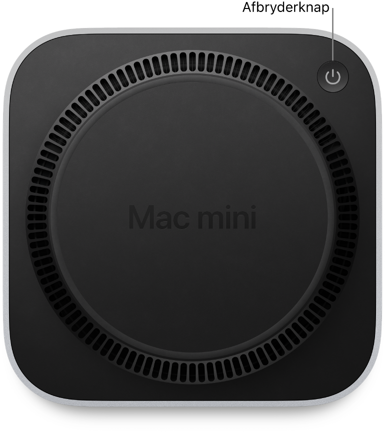Undersiden af Mac mini med afbryderknappen.