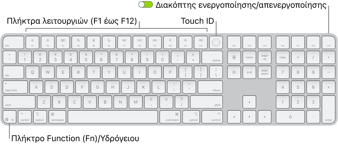 Το Magic Keyboard με Touch ID και αριθμητικό πληκτρολόγιο όπου φαίνονται η σειρά πλήκτρων λειτουργιών και το Touch ID στο πάνω μέρος, και το πλήκτρο Function (Fn)/Υδρογείου στα δεξιά του πλήκτρου Delete.