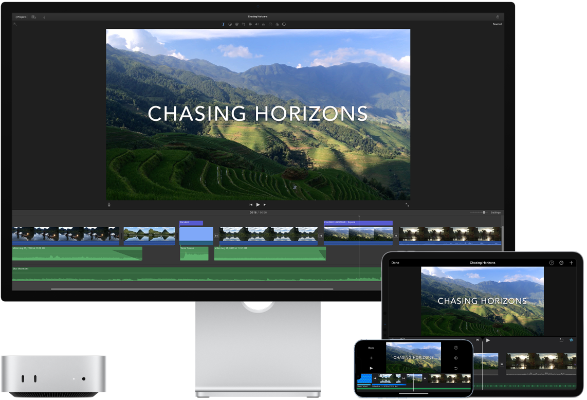 Mac mini, iPad y iPhone mostrando contenido idéntico.