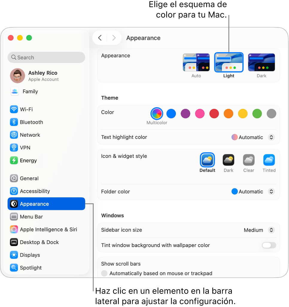La ventana Aspecto en Configuración del Sistema.