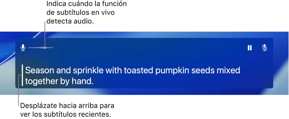 Subtítulos en vivo para audio.