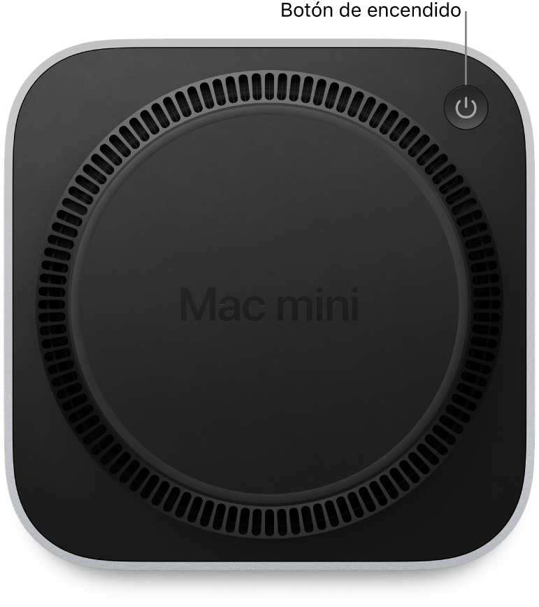 La parte inferior del Mac mini con el botón de encendido.
