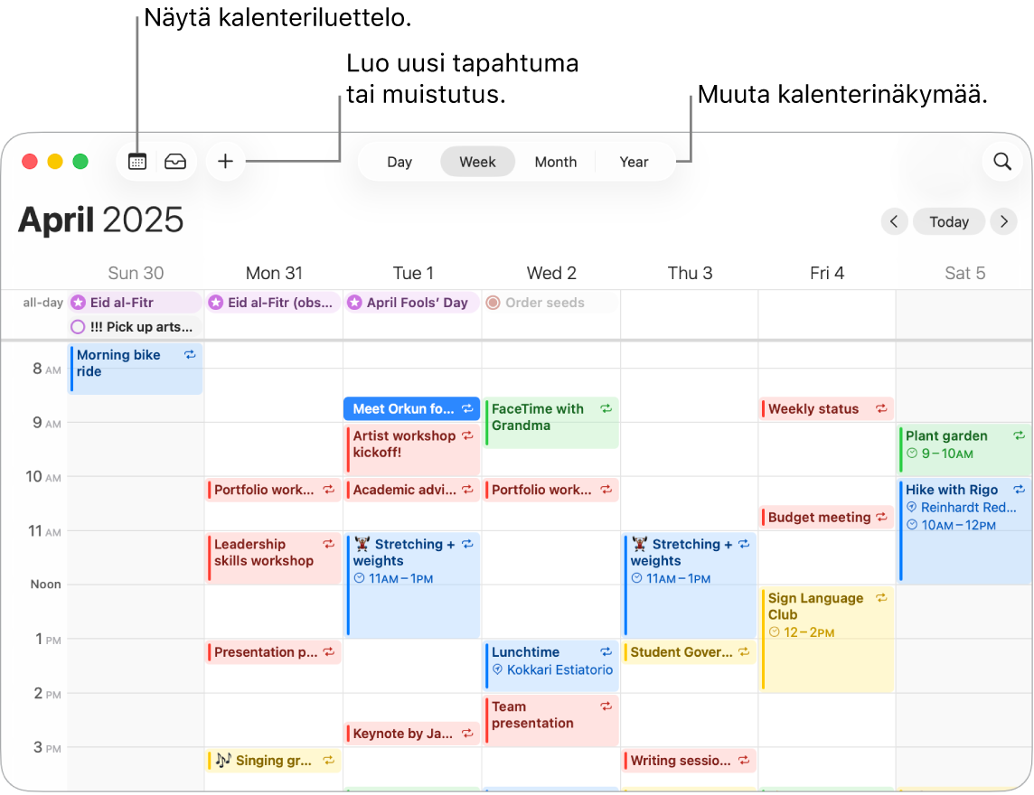 Kalenteri-ikkuna, jossa näkyvät kaikki kyseiselle viikolle ajoitetut tapahtumat ja muistutukset. Nuolet osoittavat painikkeita, joilla voi näyttää kalenteriluettelon, luoda tapahtuman tai muistutuksen ja valita päivä-, viikko-, kuukausi- tai vuosinäkymän.