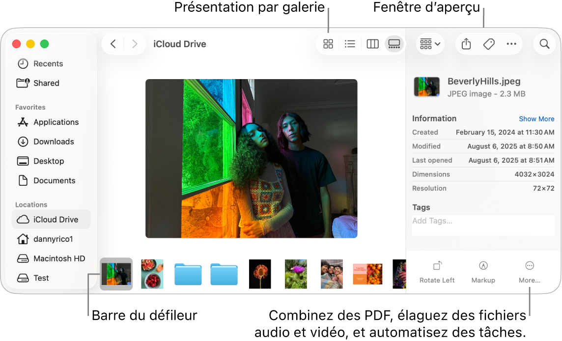 Une fenêtre du Finder ouverte dans la présentation par galerie, affichant une grande photo avec une rangée de photos plus petites (le défileur) en dessous. Les commandes permettant de faire pivoter, marquer et plus encore sont situées à droite du défileur.