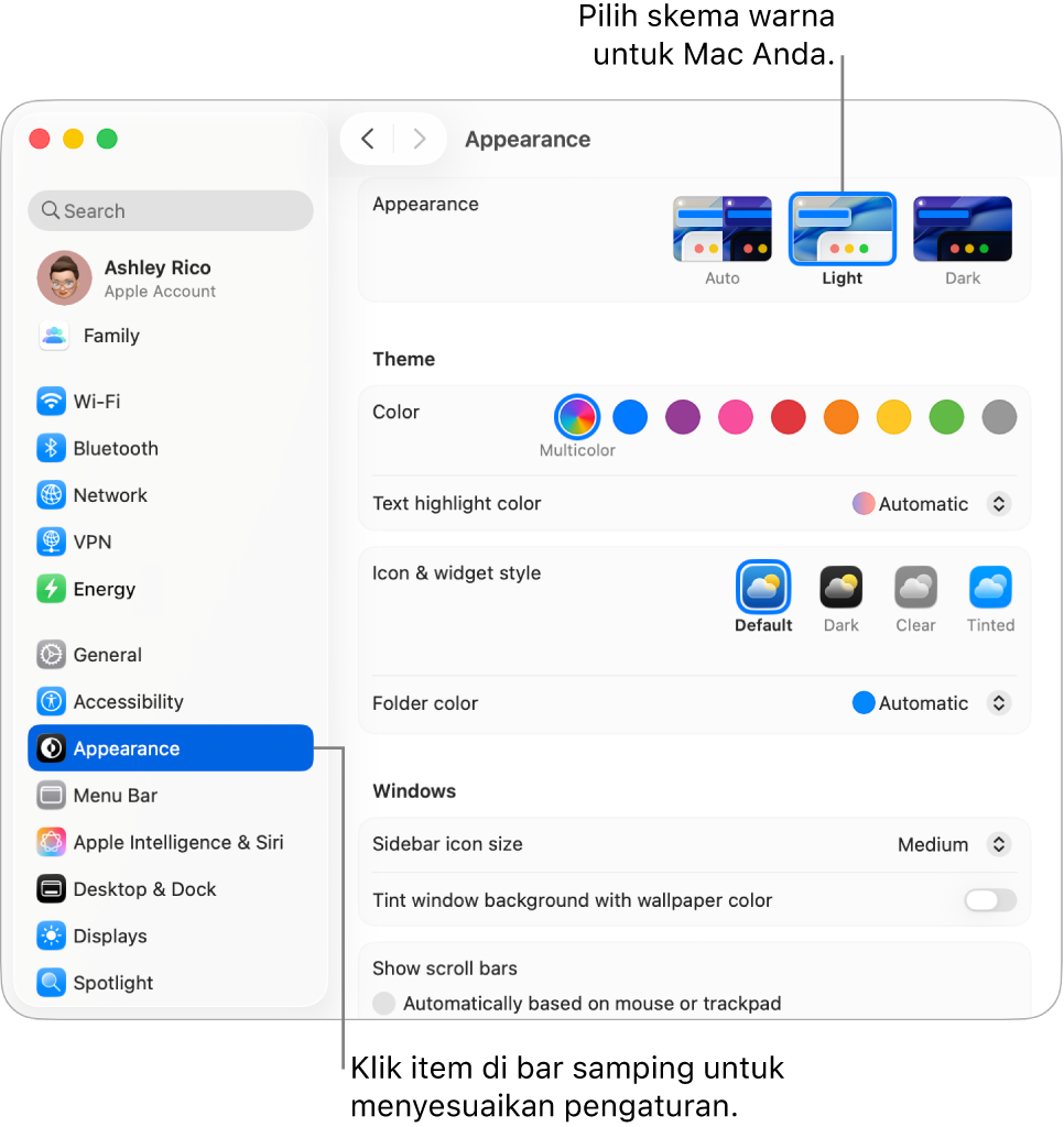 Jendela Tampilan di Pengaturan Sistem.