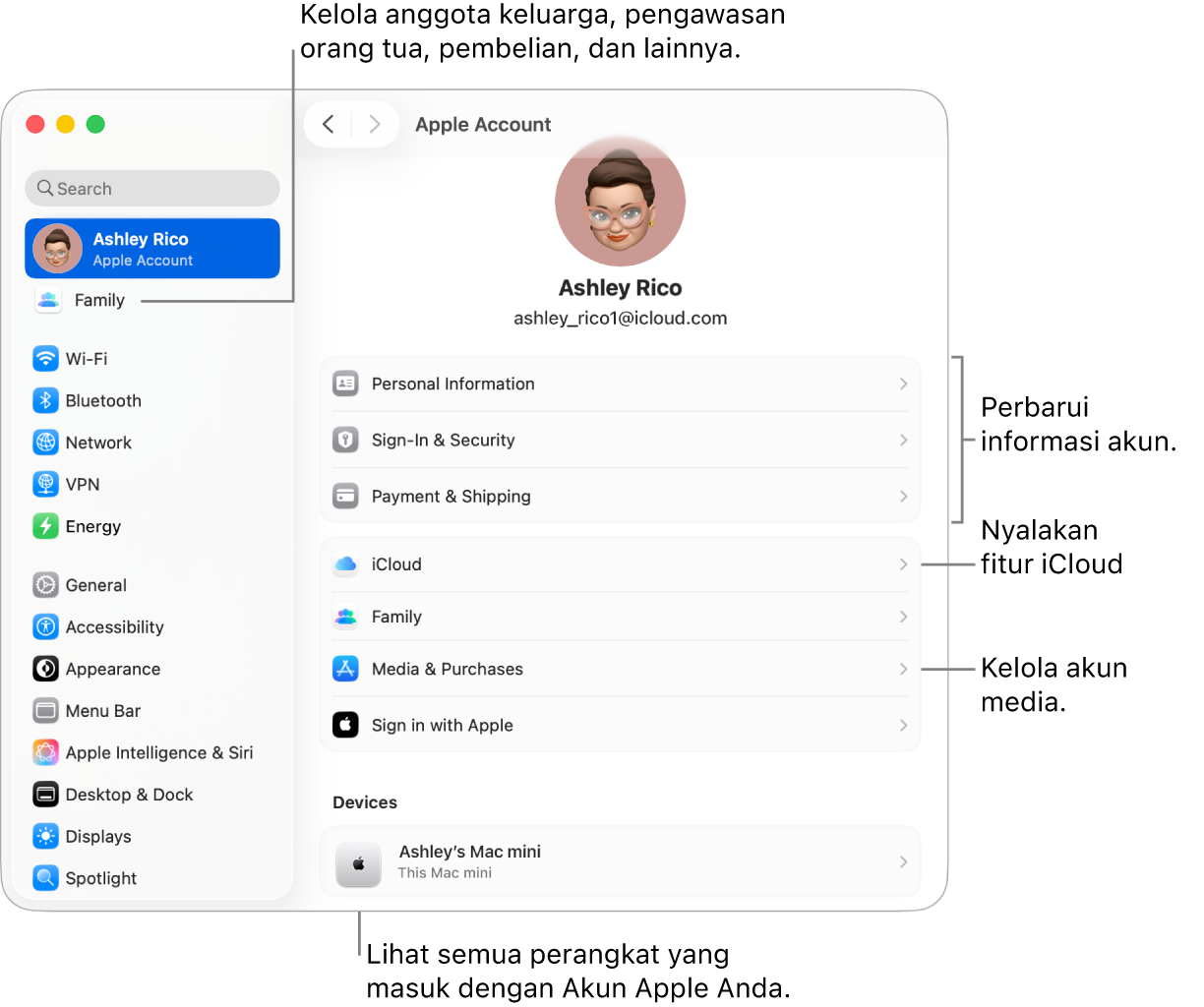 Pengaturan Akun Apple di Pengaturan Sistem dengan keterangan untuk memperbarui informasi akun, menyalakan atau mematikan fitur iCloud, mengelola akun media, dan Keluarga, tempat Anda dapat mengelola anggota keluarga, pengawasan orang tua, pembelian, dan lainnya.