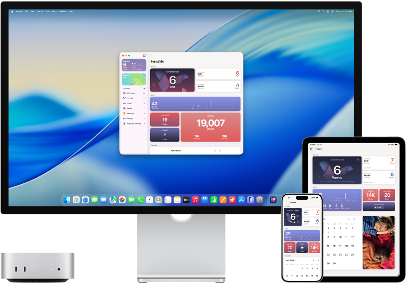 Mac mini accanto a vari dispositivi che accedono agli stessi contenuti di iCloud.