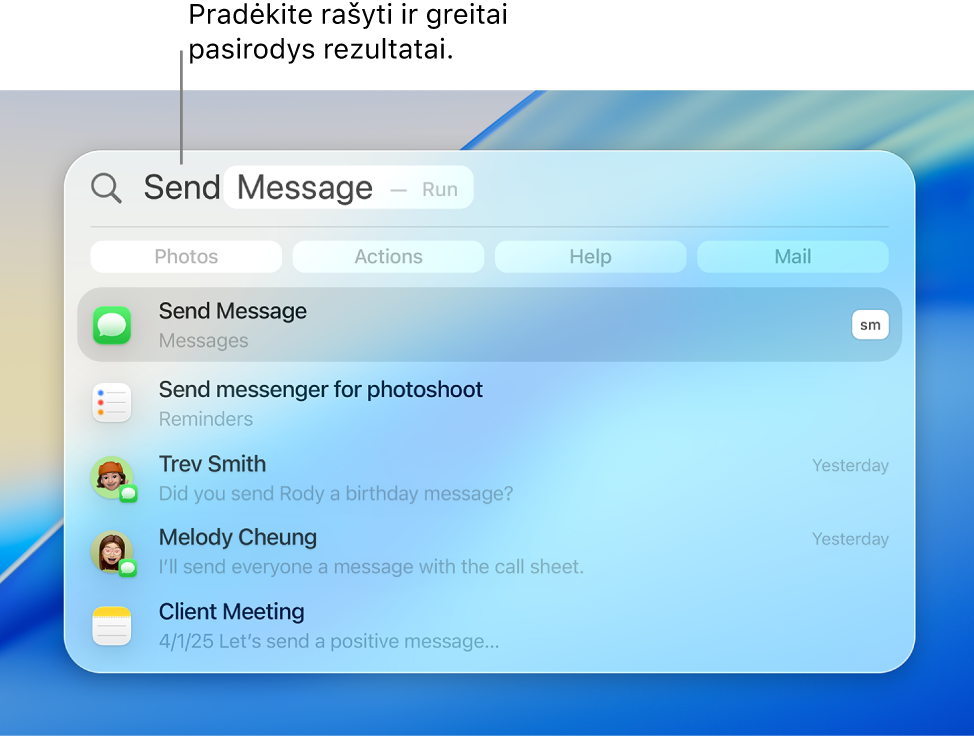 „Spotlight“ langas, kuriame rodoma, kaip siųsti žinutę.
