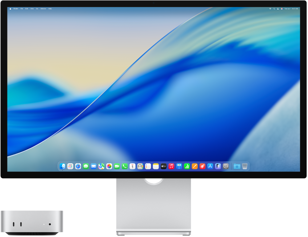 Blakus novietots Mac mini un Apple Studio Display displejs.